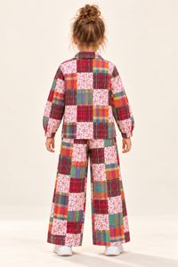 Girls Multicolour Plaid & Floral Patchwork Shirt and Wide-Leg Trouser Co-ord Set