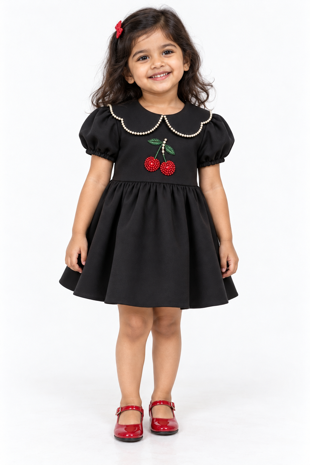 Girls Black Scuba Puff Sleeve Party Dress with Pearl-Trimmed Collar & Beaded Cherry Embellishment