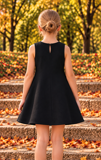 Girls Black Sleeveless A-Line Party Dress with Oversized Black & White 3D Flower