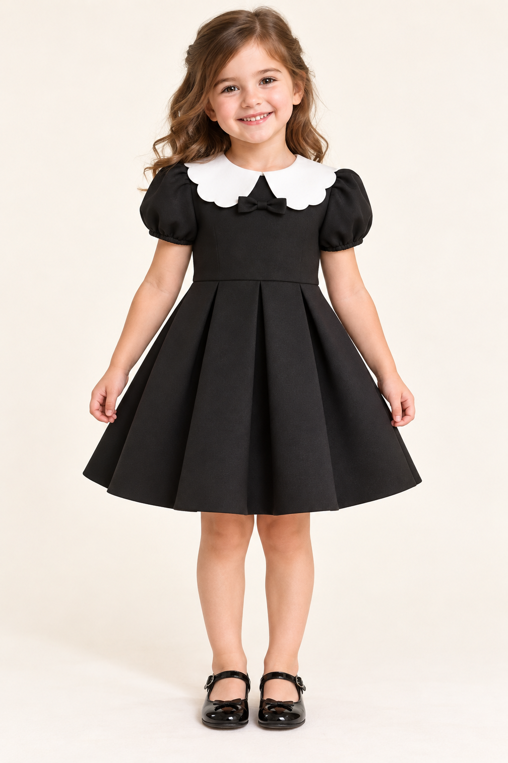 Girls Black Scuba Puff Sleeve Party Dress with White Scalloped Collar & Pleated Skirt