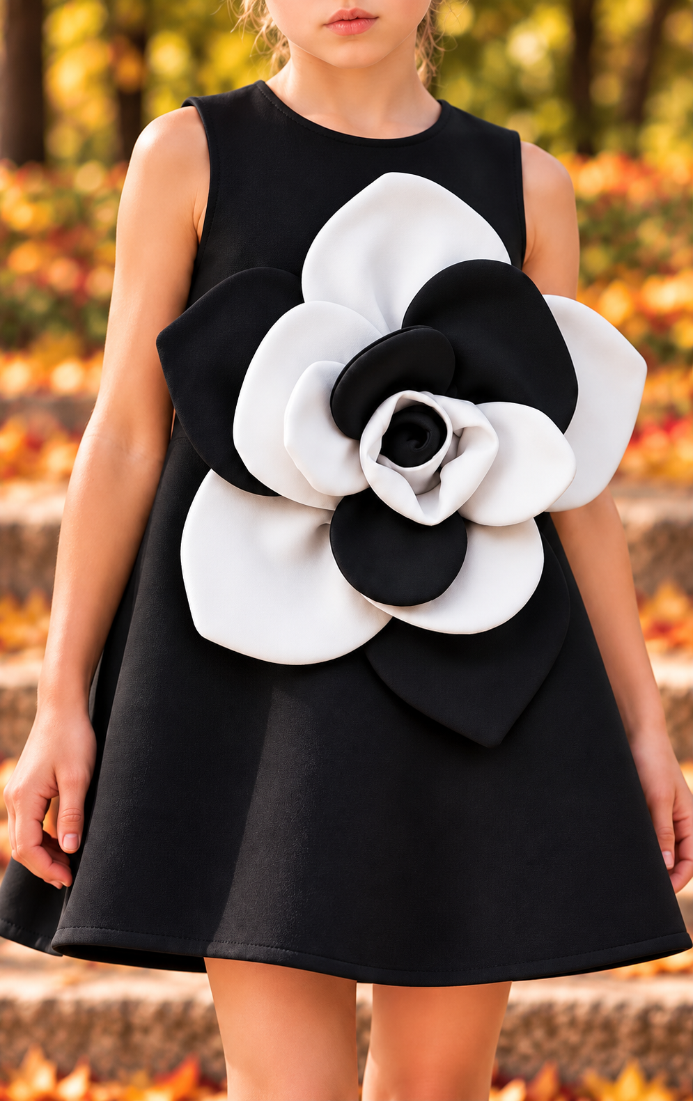 Girls Black Sleeveless A-Line Party Dress with Oversized Black & White 3D Flower