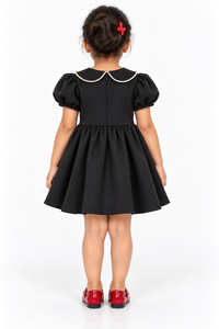 Girls Black Scuba Puff Sleeve Party Dress with Pearl-Trimmed Collar & Beaded Cherry Embellishment