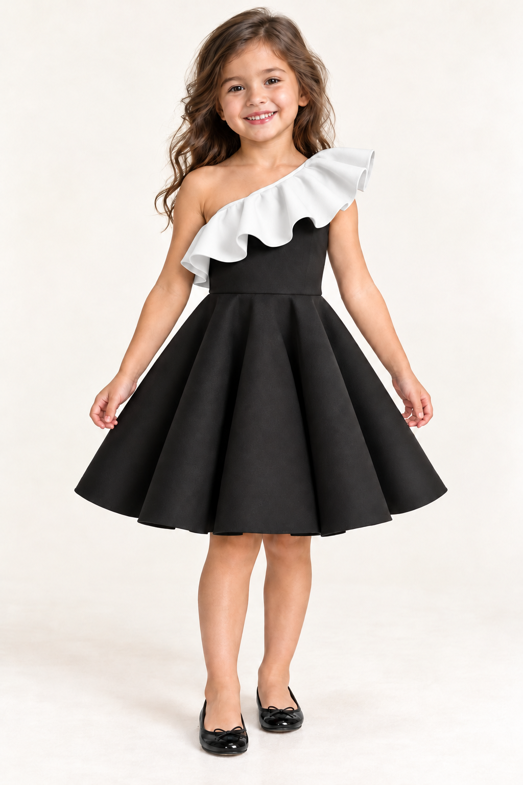 Girls Black Scuba One-Shoulder Party Dress with White Ruffle & Flared Skirt