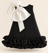 Girls Black Scuba A-Line Party Dress with Oversized White Shoulder Bow & Layered Ruffle Hem