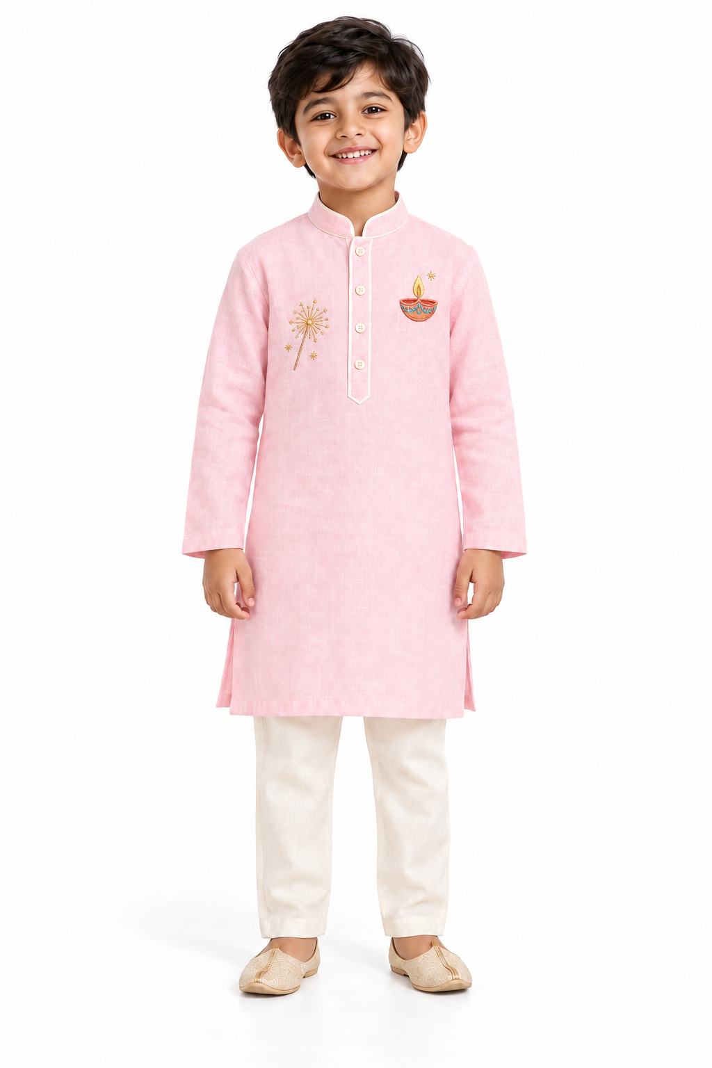 ZIP ZAP ZOOP Boys Baby Pink Diya & Phuljadi Embroidered Kurta with Ivory Pants – 2-Piece Diwali Set