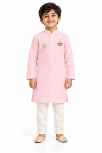 ZIP ZAP ZOOP Boys Baby Pink Diya & Phuljadi Embroidered Kurta with Ivory Pants – 2-Piece Diwali Set