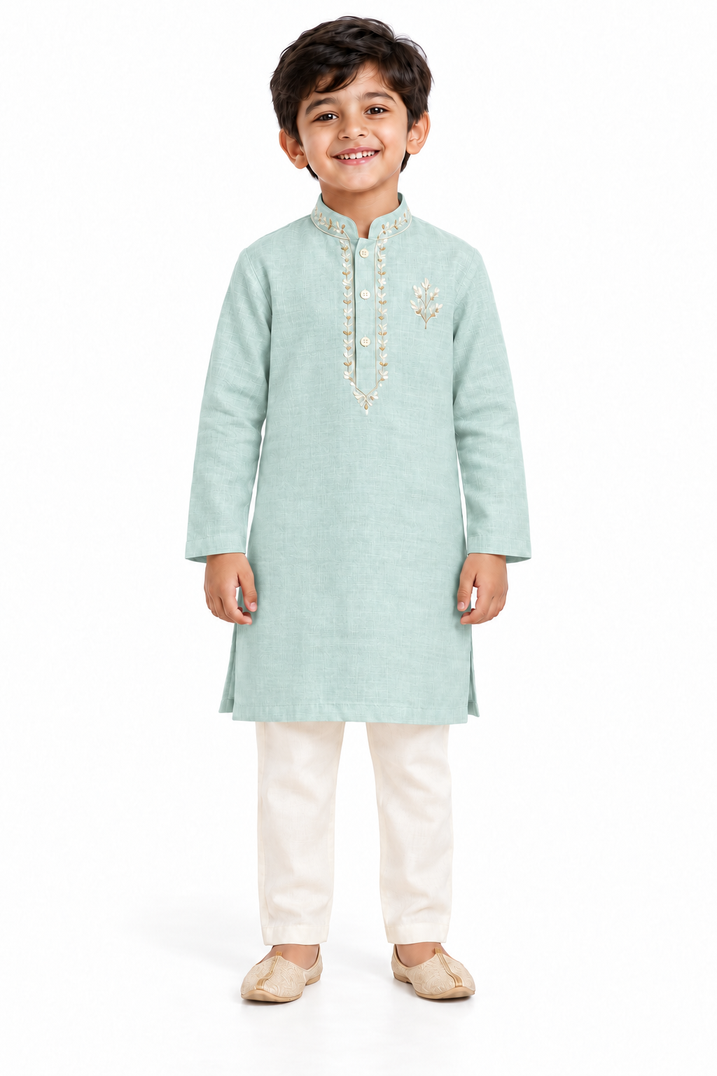 ZIP ZAP ZOOP Boys Sage Green Botanical Embroidered Kurta with Ivory Pants – 2-Piece Festive Set