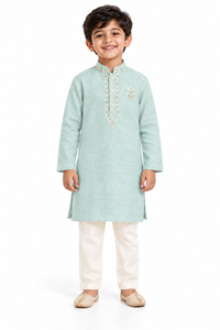 ZIP ZAP ZOOP Boys Sage Green Botanical Embroidered Kurta with Ivory Pants – 2-Piece Festive Set