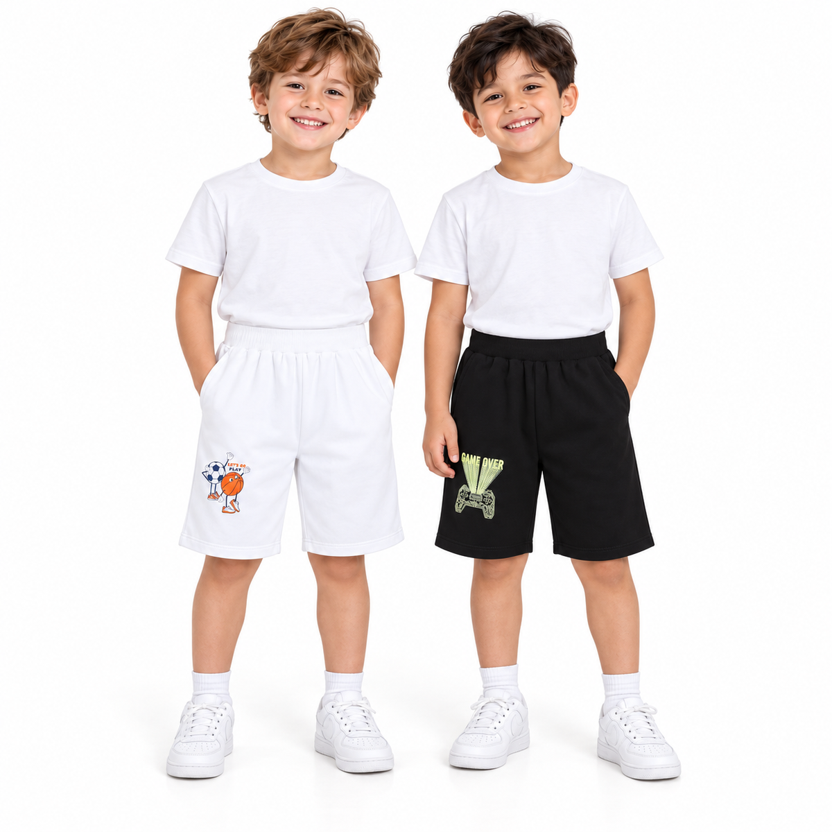Pack of 2 Black-Game Over & White-Football BasketBall Print Cotton Shorts