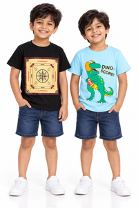 Pack of 2 Black-Carrom & Sky Blue-Dino Score Print Cotton T-shirt