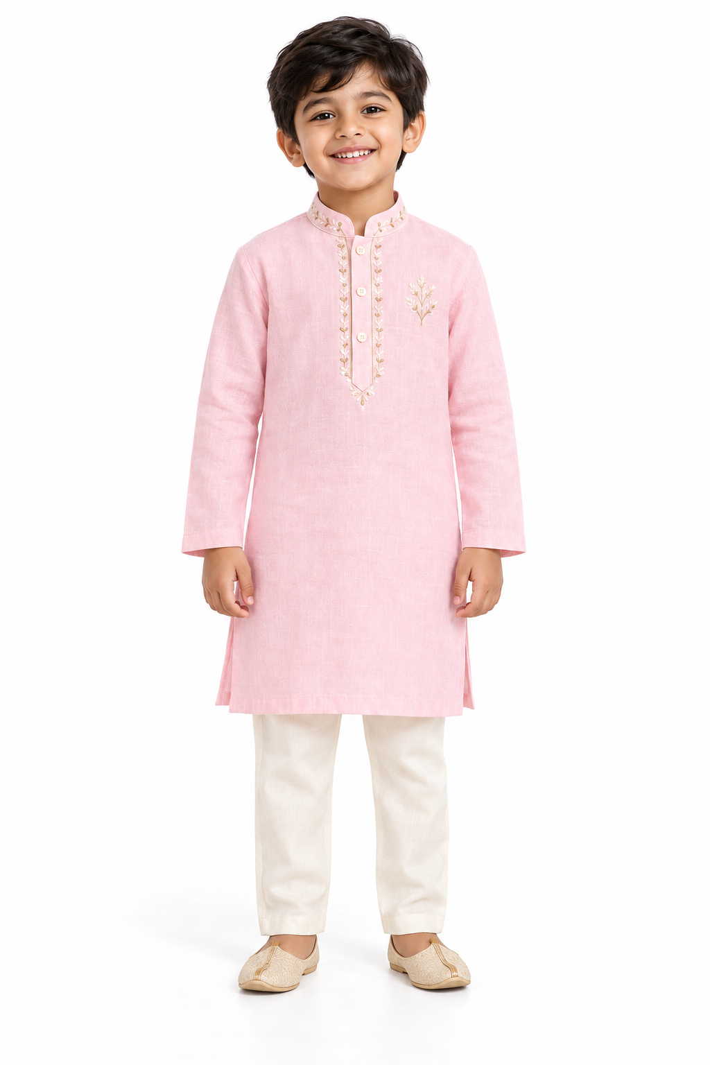 ZIP ZAP ZOOP Boys Baby Pink Botanical Embroidered Kurta with Ivory Pants – 2-Piece Festive Set