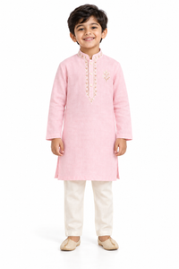 ZIP ZAP ZOOP Boys Baby Pink Botanical Embroidered Kurta with Ivory Pants – 2-Piece Festive Set