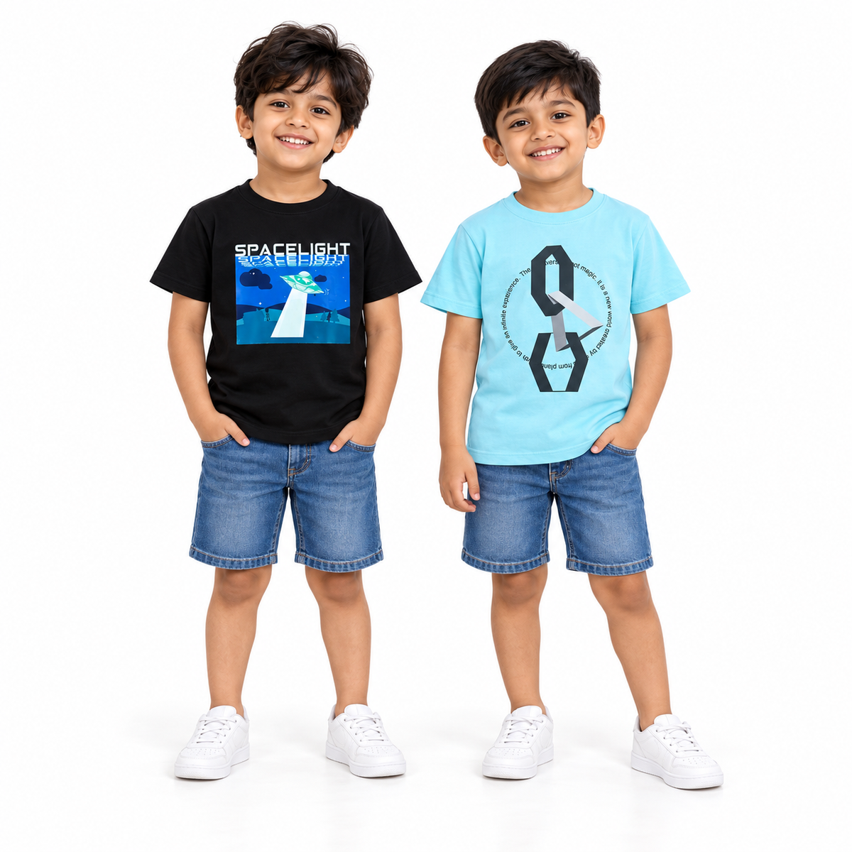 Pack of 2 Sky Blue-Infinity & Black-Space Light Print Cotton T-shirt