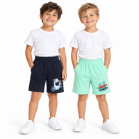 Pack of 2 Mint Green-3 Car & Navy Blue-Shark Print Cotton Shorts