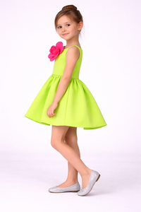 Girls Neon Green Accent Dress with 3D Pink  Flower