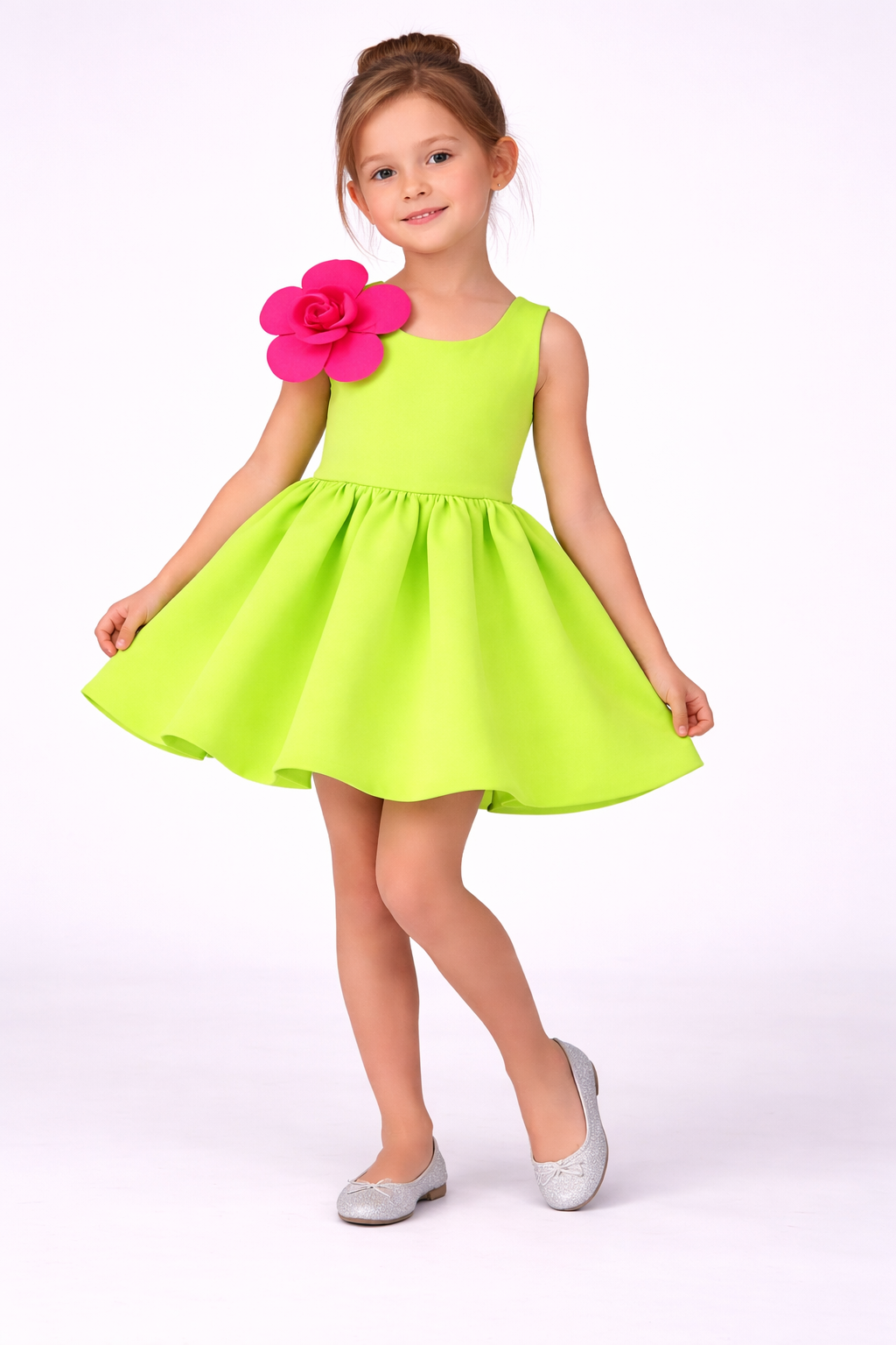 Girls Neon Green Accent Dress with 3D Pink  Flower