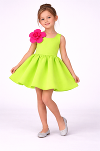 Girls Neon Green Accent Dress with 3D Pink  Flower