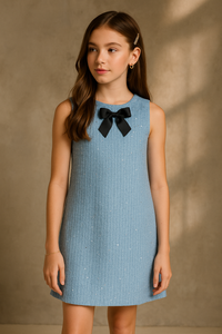 Girls Light Blue Jacquard Sleeveless Black Bow Dress