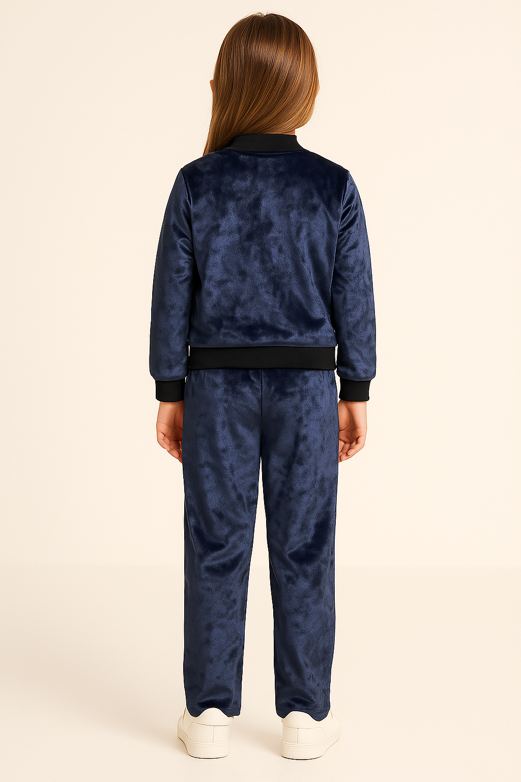 Girls Velvet Blue Jacket and Pant with Black Ribbed Borders