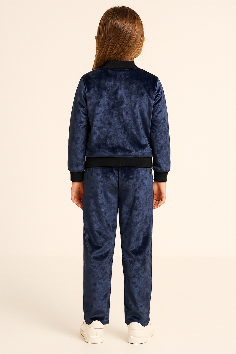 Girls Velvet Blue Jacket and Pant with Black Ribbed Borders