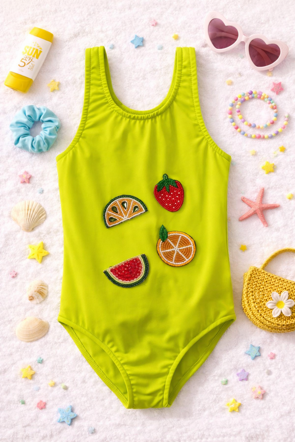 NEON GREEN LEMON SWIMSUIT WITH FRUIT HAND EMBROIDERY PATCHES