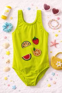 NEON GREEN LEMON SWIMSUIT WITH FRUIT HAND EMBROIDERY PATCHES
