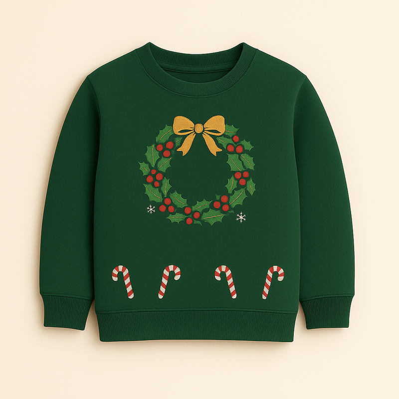 Green Christmas Candy Wreath Print Sweatshirt with Golden Embellished Skirt
