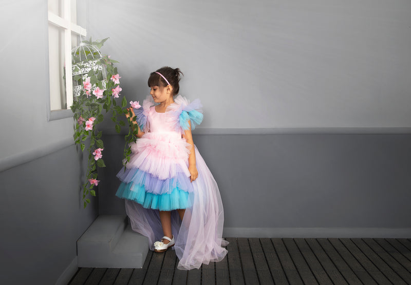 Pink Blue & White Multi-layered Red Carpet Look 4 Trail Gown Dress