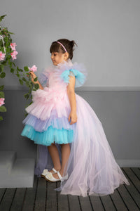 Pink Blue & White Multi-layered Red Carpet Look 4 Trail Gown Dress