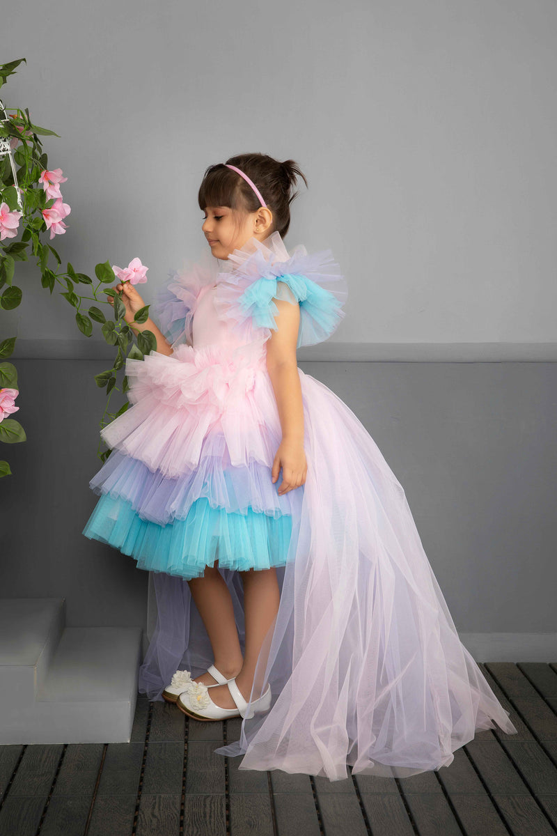 Pink Blue & White Multi-layered Red Carpet Look 4 Trail Gown Dress