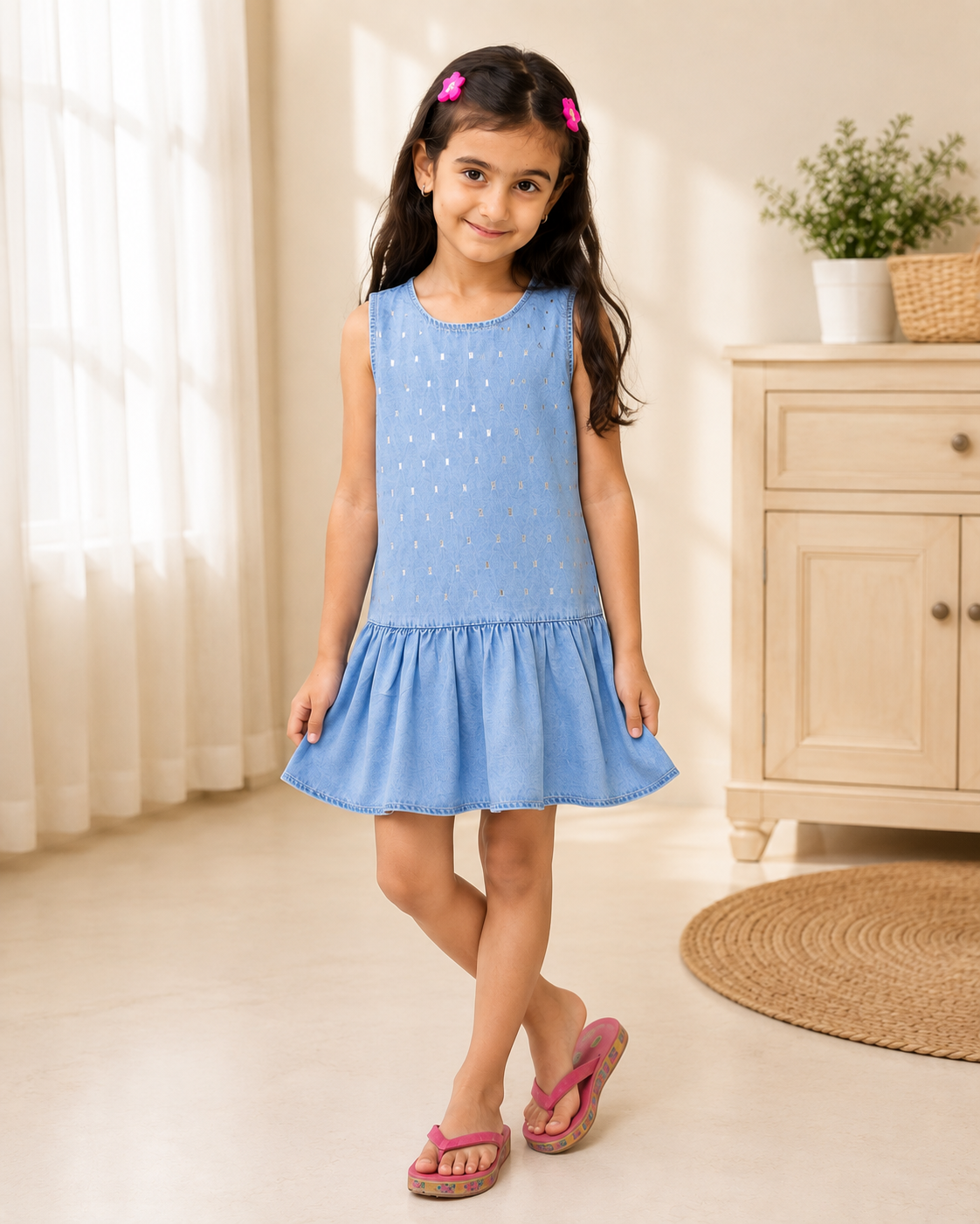 Girls Light Blue Denim Sleeveless Dress with Glass Stone Embellishments