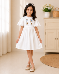 Girls White Cotton Embroidered Fit & Flare Dress