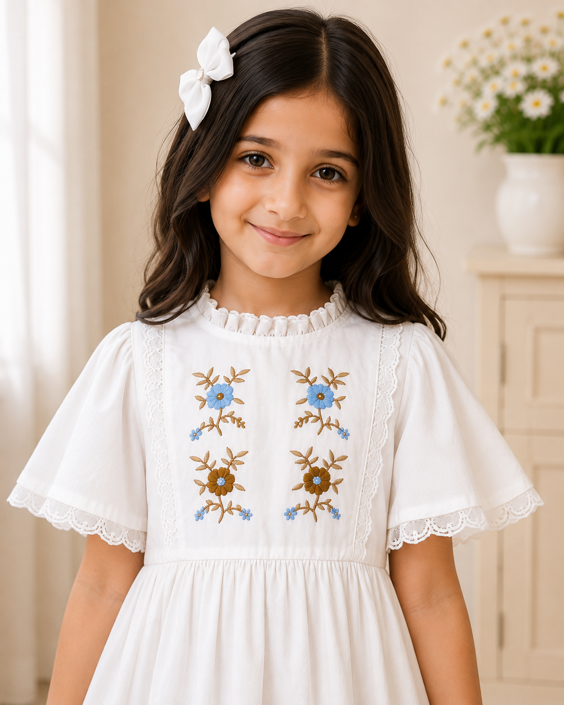 Girls White Cotton Embroidered Fit & Flare Dress