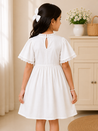 Girls White Cotton Embroidered Fit & Flare Dress