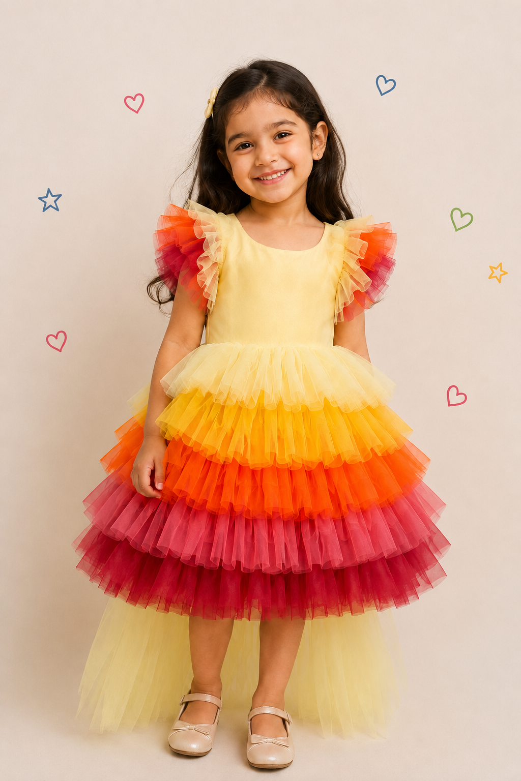 ZIP ZAP ZOOP Best Sellers Girls Multicolor Rainbow Tiered Tulle Party Dress with Ruffle Sleeves & Long Yellow Trail