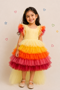 ZIP ZAP ZOOP Best Sellers Girls Multicolor Rainbow Tiered Tulle Party Dress with Ruffle Sleeves & Long Yellow Trail
