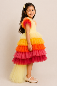 ZIP ZAP ZOOP Best Sellers Girls Multicolor Rainbow Tiered Tulle Party Dress with Ruffle Sleeves & Long Yellow Trail