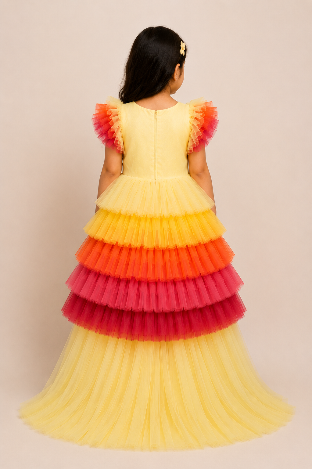 ZIP ZAP ZOOP Best Sellers Girls Multicolor Rainbow Tiered Tulle Party Dress with Ruffle Sleeves & Long Yellow Trail