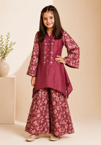 ZIP ZAP ZOOP Girls Maroon Floral Printed Flared Kurta Dress with Embroidered Front Detail