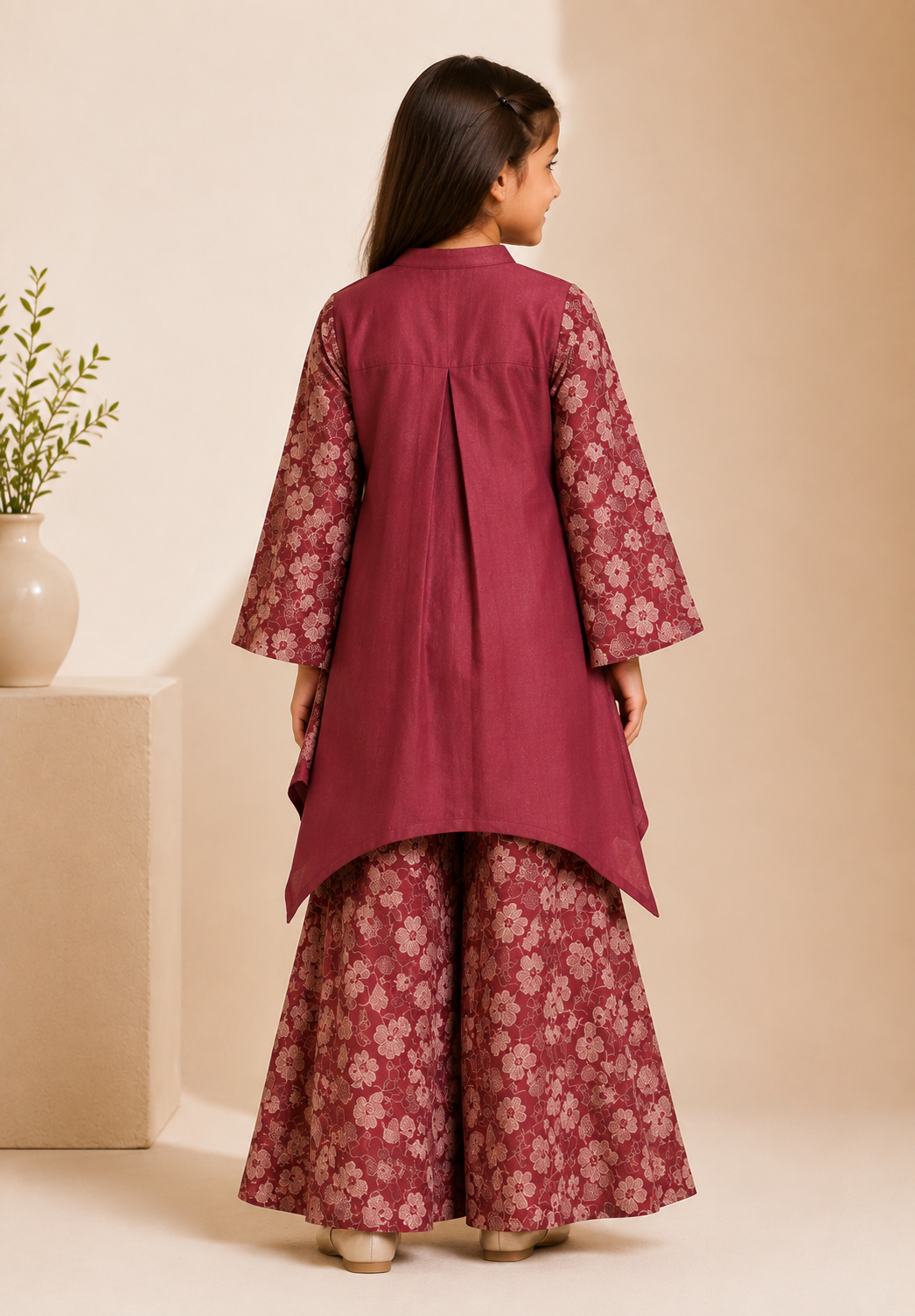ZIP ZAP ZOOP Girls Maroon Floral Printed Flared Kurta Dress with Embroidered Front Detail