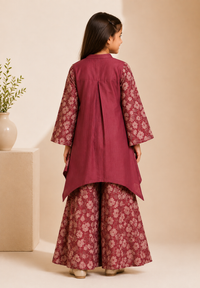 ZIP ZAP ZOOP Girls Maroon Floral Printed Flared Kurta Dress with Embroidered Front Detail