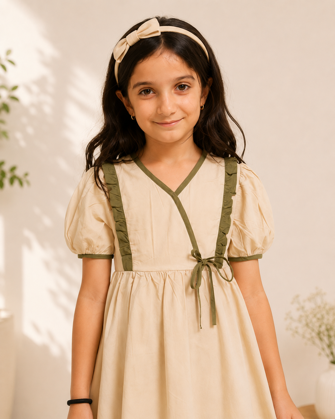 Girls Beige Cotton Puff Sleeve Dress with Olive Green Trim & Bow Detail