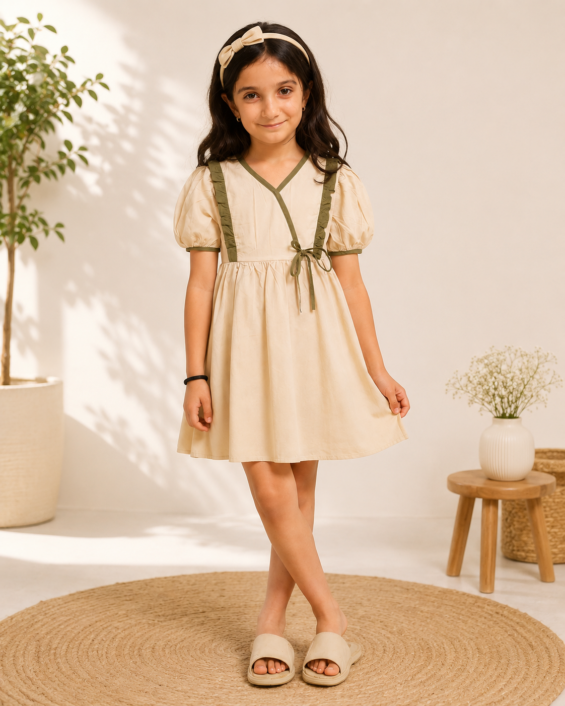 Girls Beige Cotton Puff Sleeve Dress with Olive Green Trim & Bow Detail