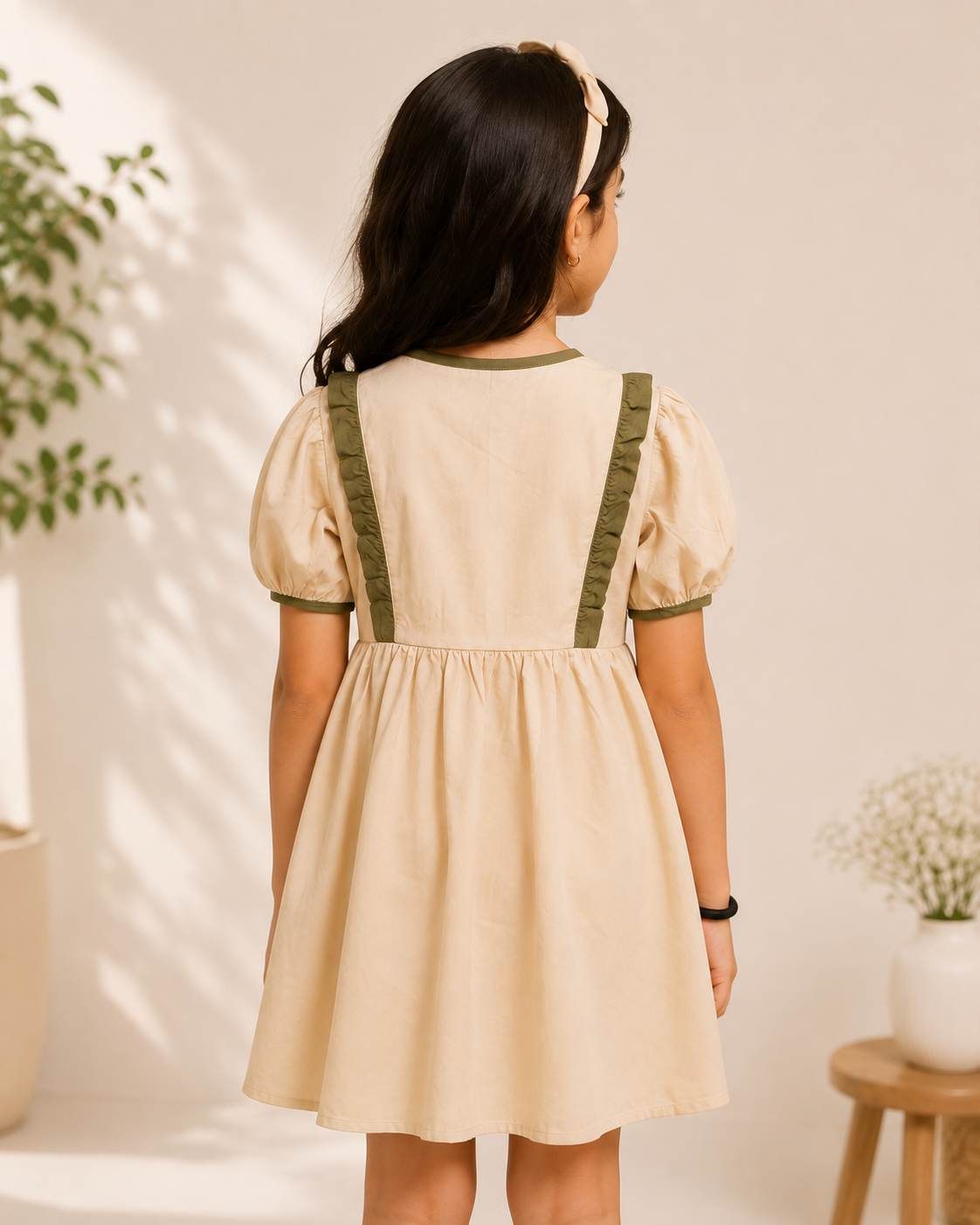 Girls Beige Cotton Puff Sleeve Dress with Olive Green Trim & Bow Detail