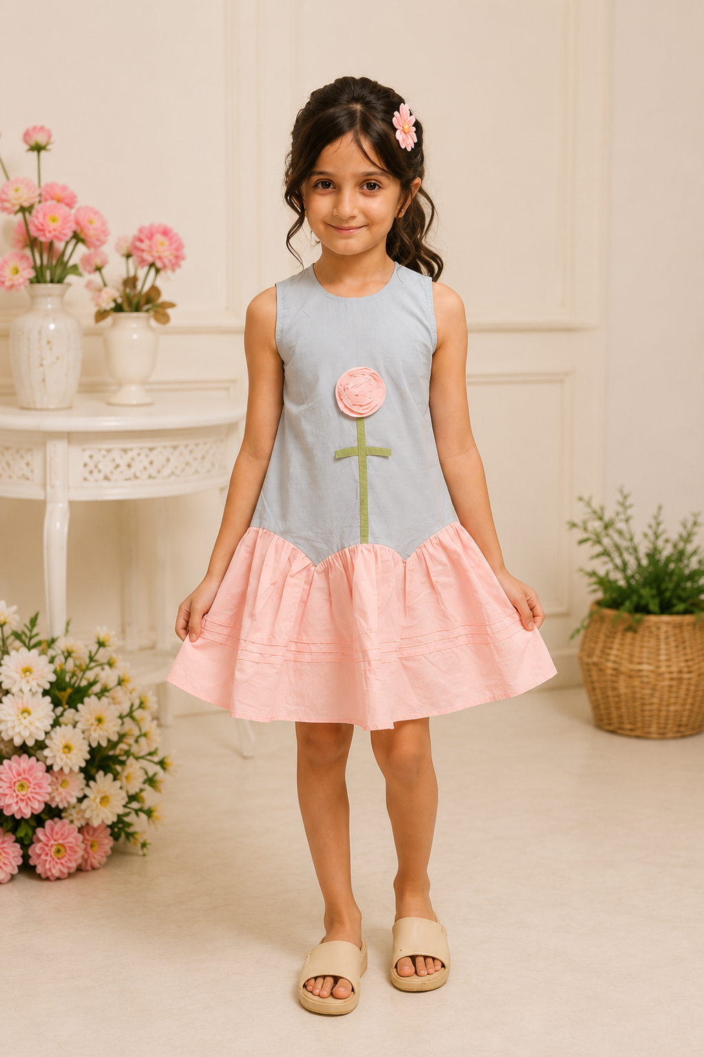 Girls Premium Cotton Blue & Pink A-Line Dress with 3D Flower