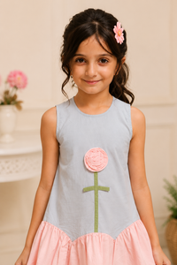 Girls Premium Cotton Blue & Pink A-Line Dress with 3D Flower