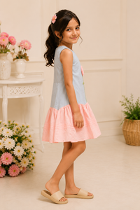 Girls Premium Cotton Blue & Pink A-Line Dress with 3D Flower