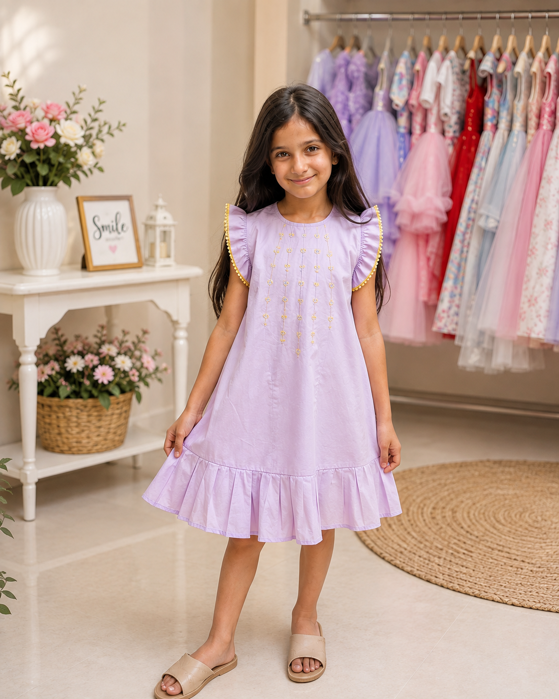 Girls Lavender Cotton Embroidered Dress with Ruffle Sleeves