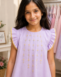 Girls Lavender Cotton Embroidered Dress with Ruffle Sleeves