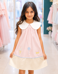 Girls Premium Cotton Pink A-Line Dress with Peter Pan Collar & Embroidery